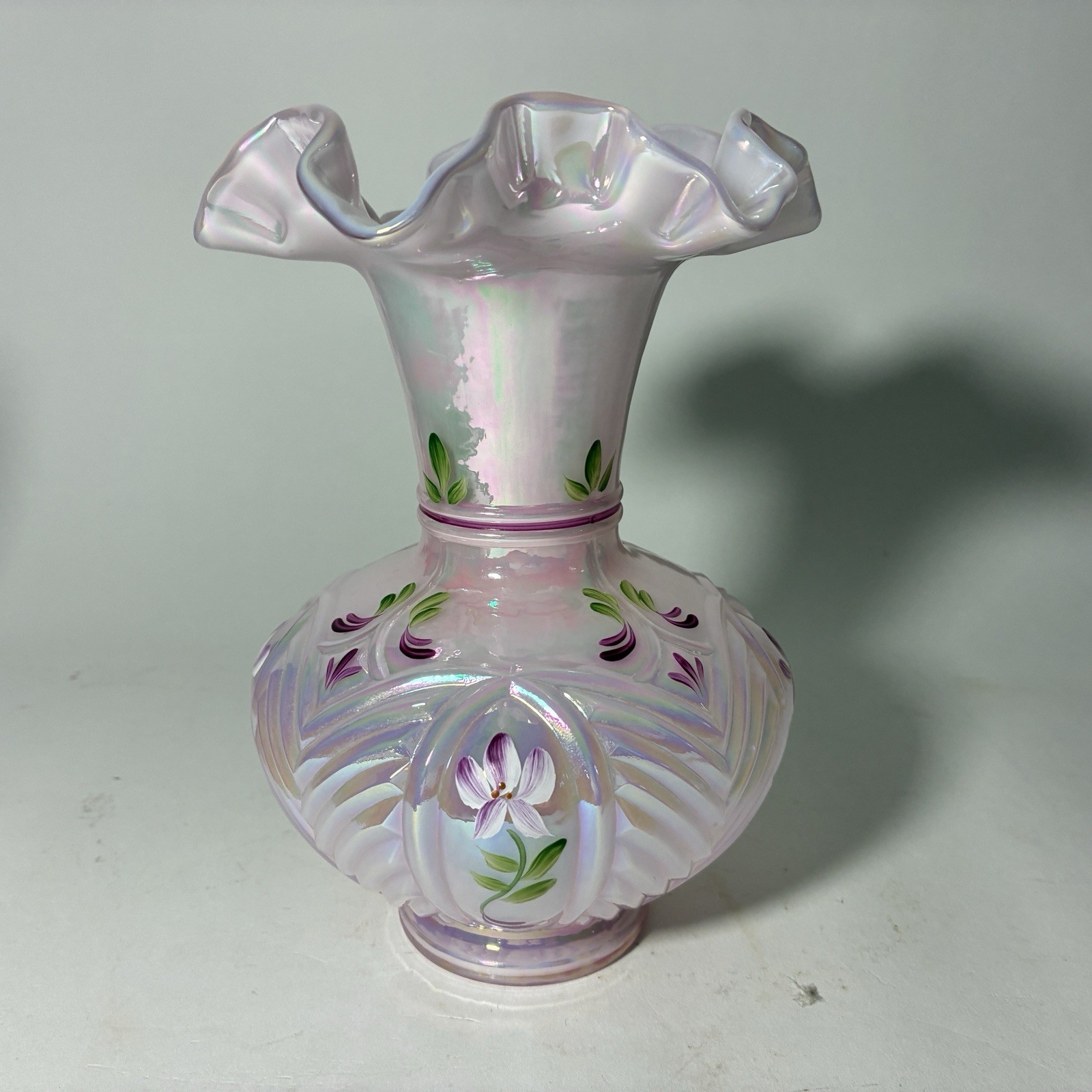 Fenton Art Glass Hand Painted Pink Carnival Melon Vase – Beautiful Signed Piece