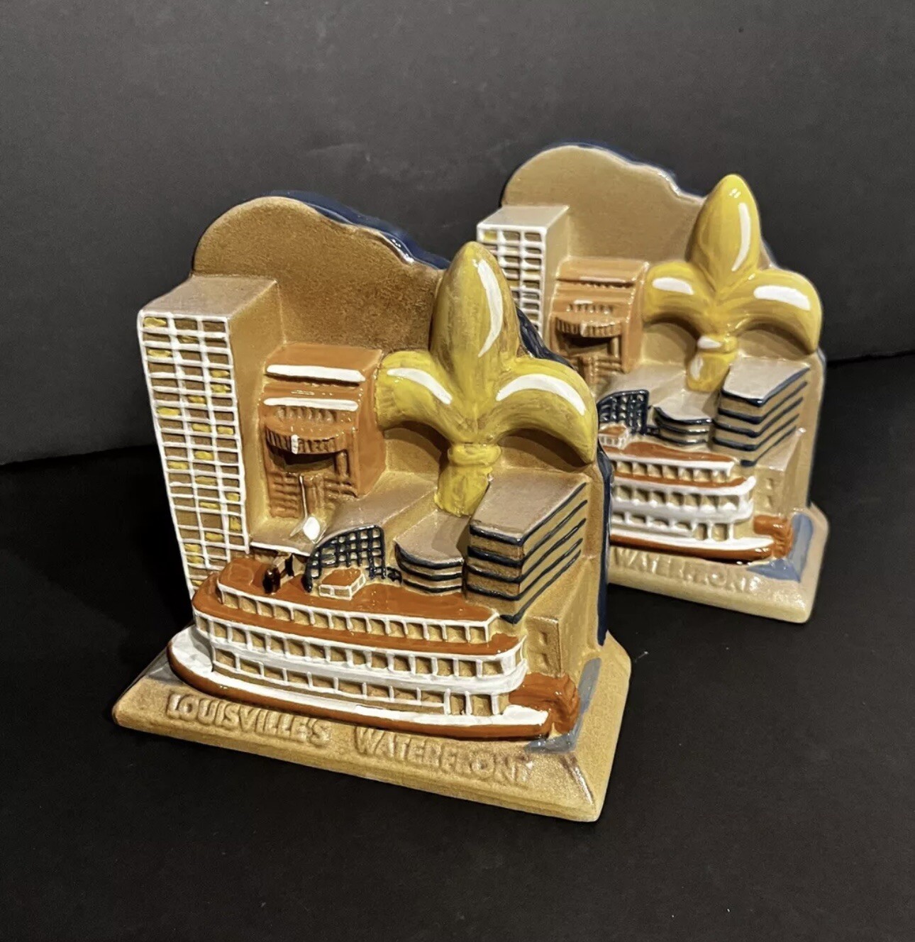 Rare Louisville Stoneware “Louisville Waterfront” Bookends Pottery EUC