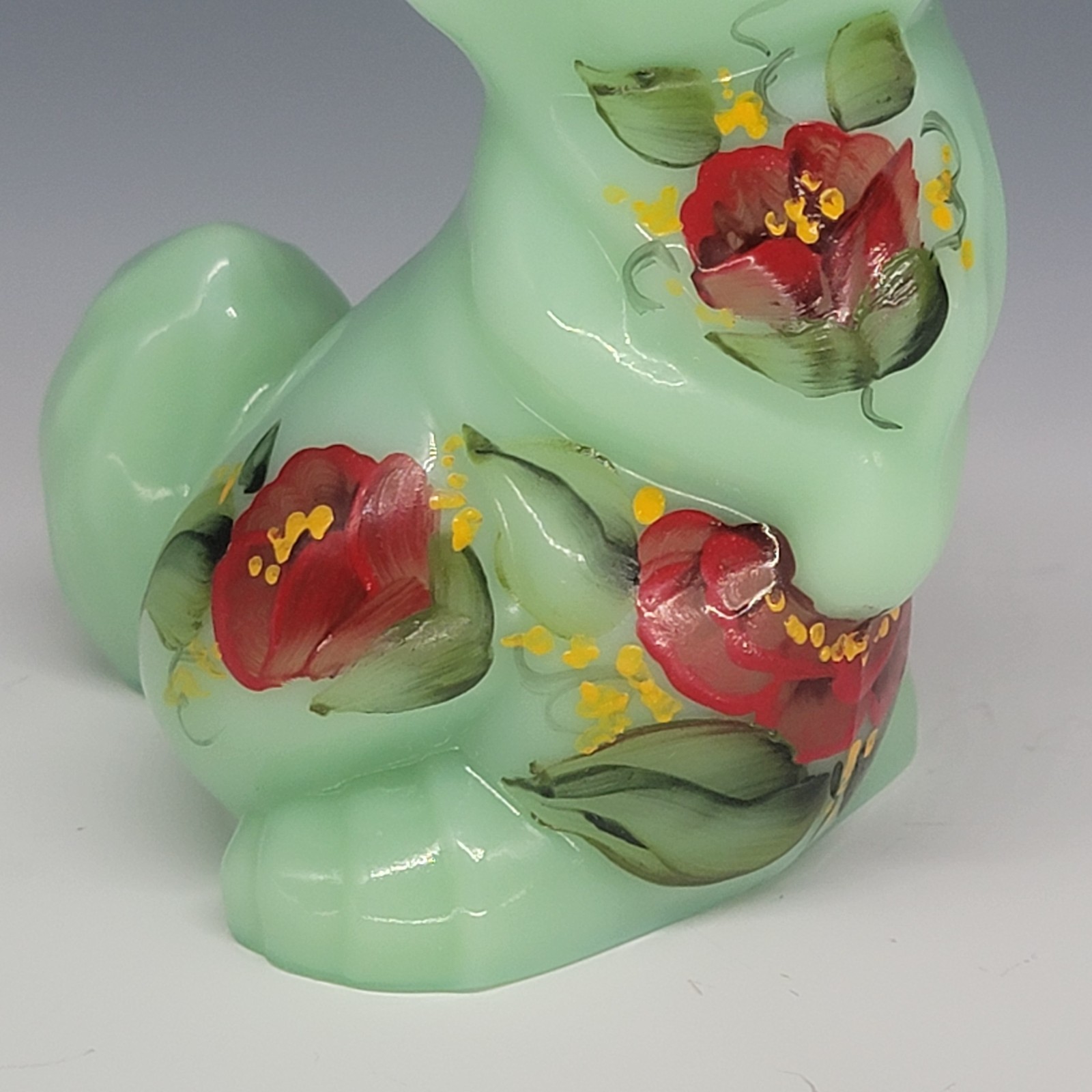 Vintage MOSSER Glass Jadeite Jade Green Thumper Rabbit Hand Painted Signed 6.5”