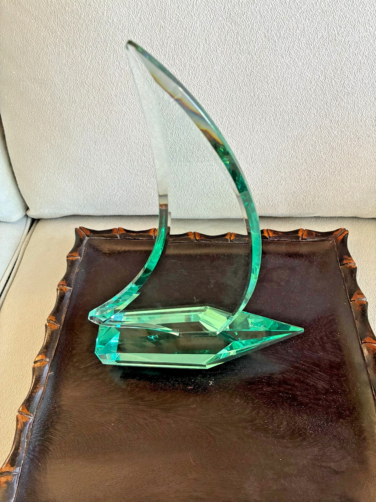 Lead Crystal Sailboat Clear with Aqua Green Tint