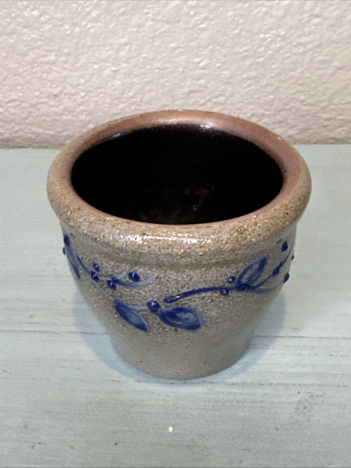 Stoneware Blueberry Vine Votive Candle Holder 2003 Salt Glaze 2.5″ Salmon Falls?