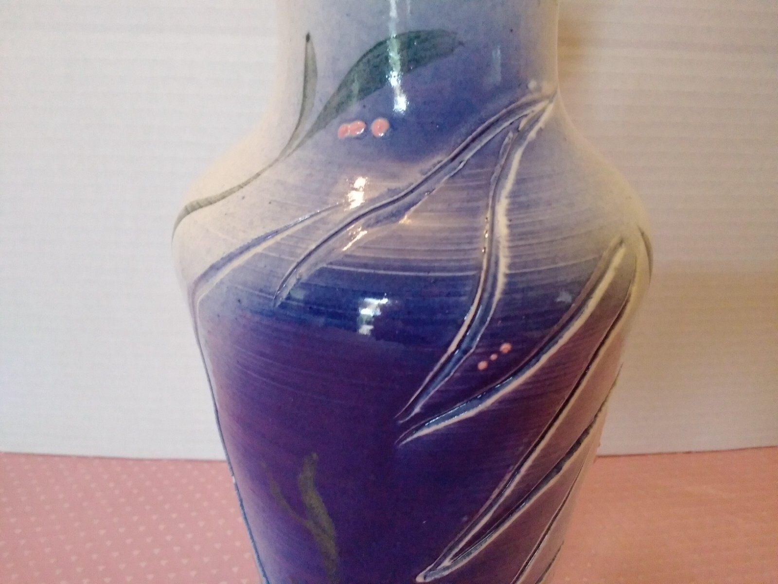 Pottery Vase Colbalt Blue Ivory Color Raised Leaf Artisan Signed 10.5″