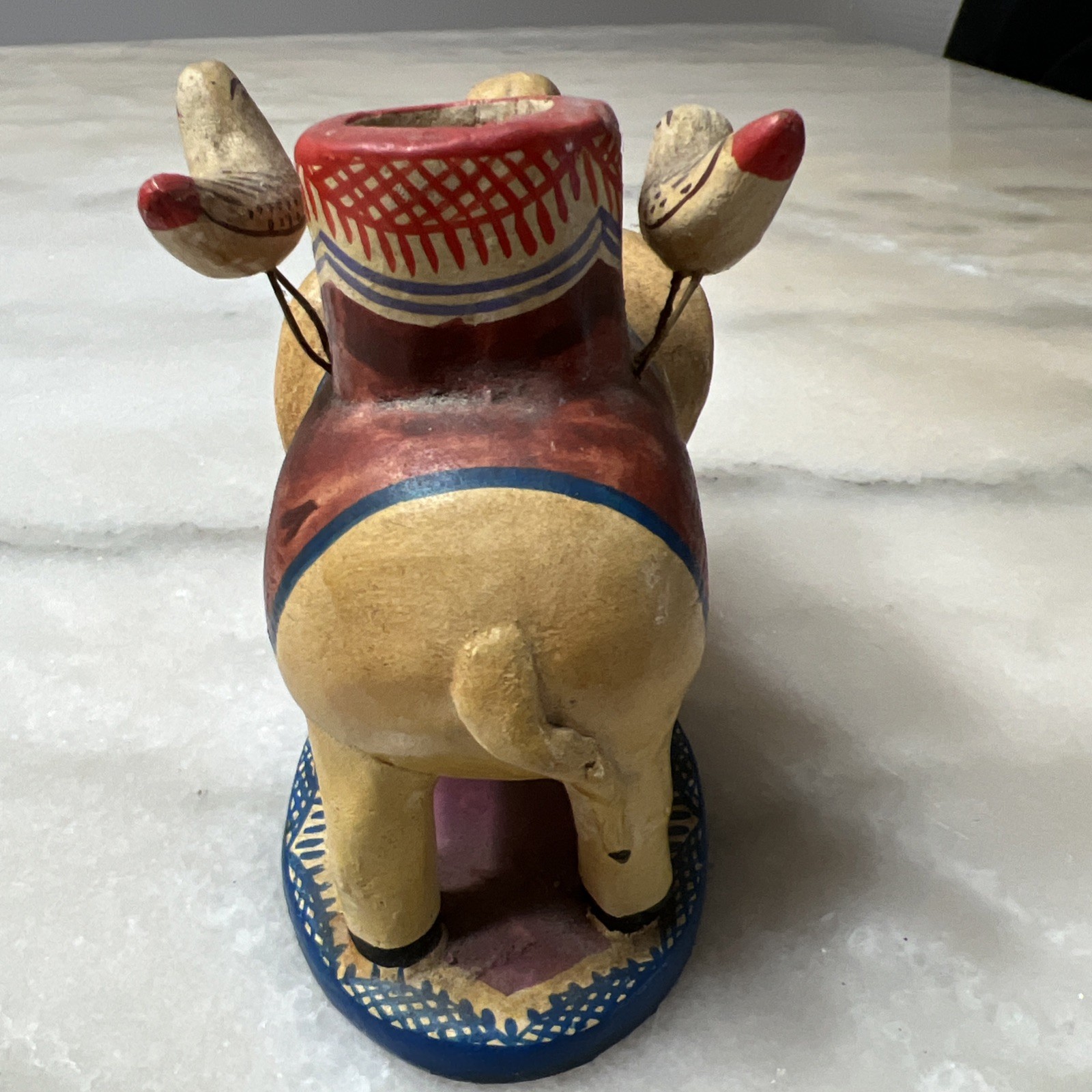 Vtg Mexican Folk Art Pottery Elephant w/ Birds Candle Holder 5″ long 4.5″ tall