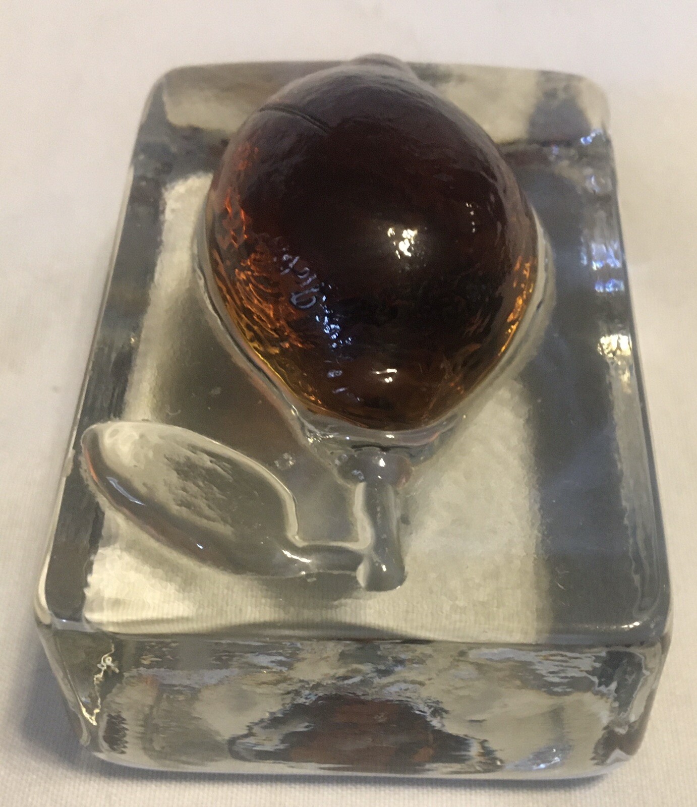 VTG Clear W/Amber Flower In Relief Glass Paperweight – 3.25” X 2.25” X 2” Thick