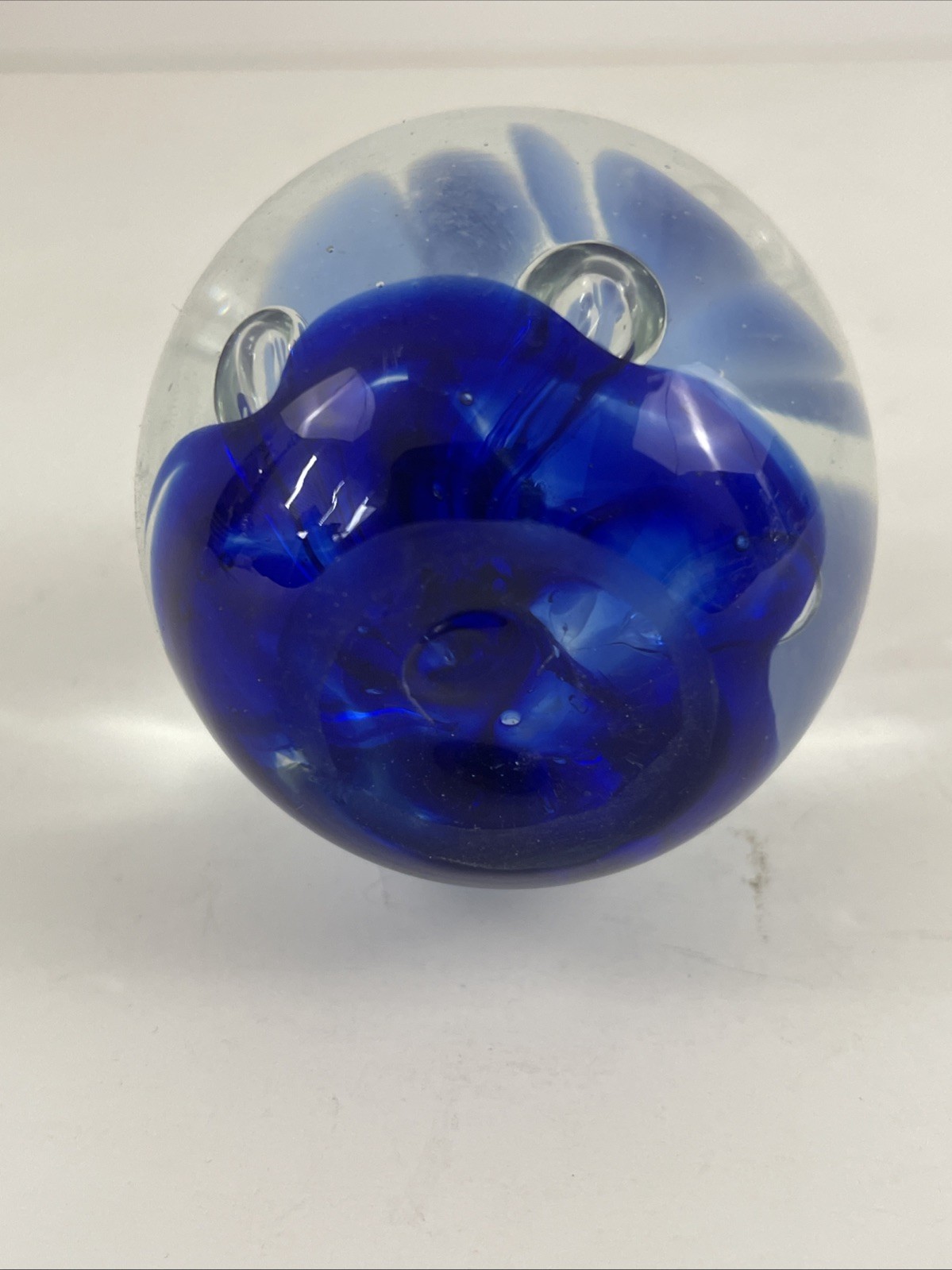 Vintage Art Glass Blue Trumpet Flower And Bubbles Paperweight