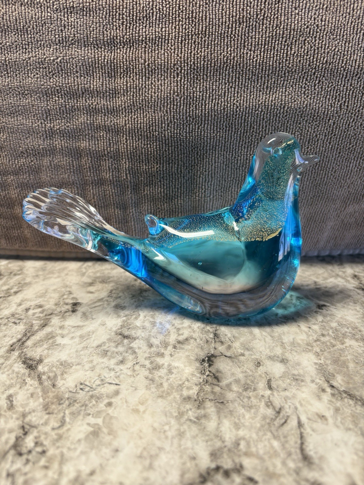 Clear and blue glass bird figure with gold flakes inside #B11
