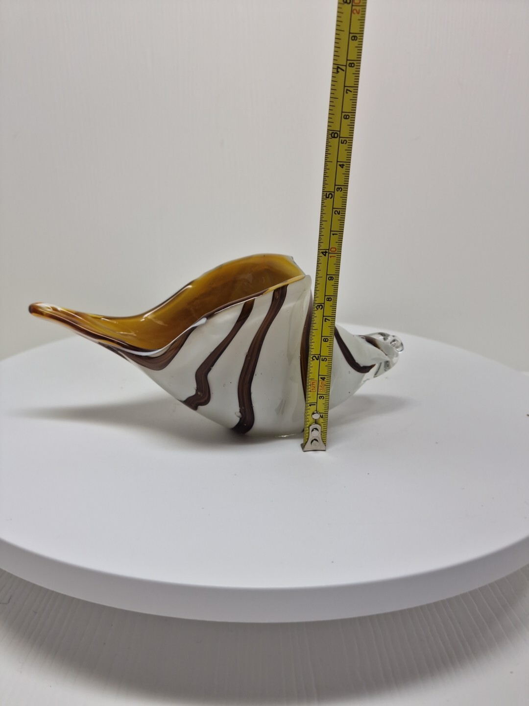 Murano Style Art Glass Shell White Brown & Yellow Figuire Paperweight Vintage