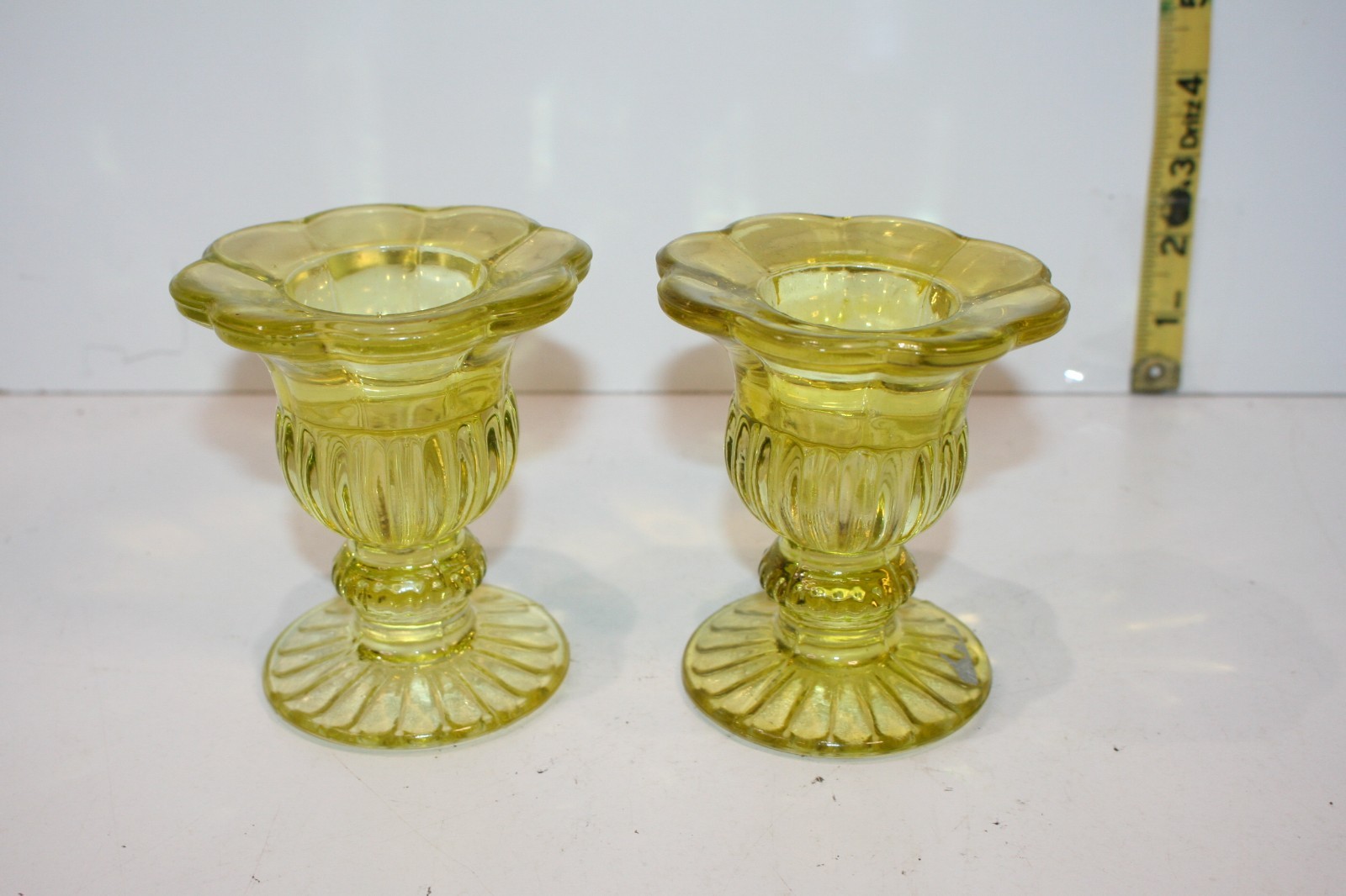 A pair of Canary Yellow Art Glass Footed CandleStick Holder Scalloped Rim Flower