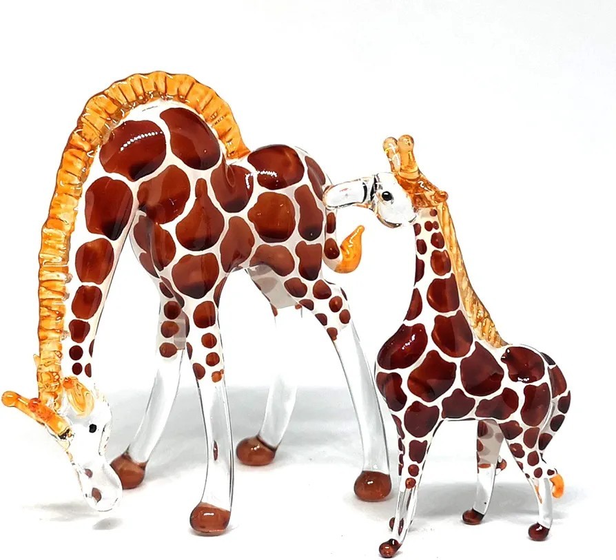 Hand Blown Glass Giraffe Figurine Mini Lampwork Animal Decor 2 Piece Set