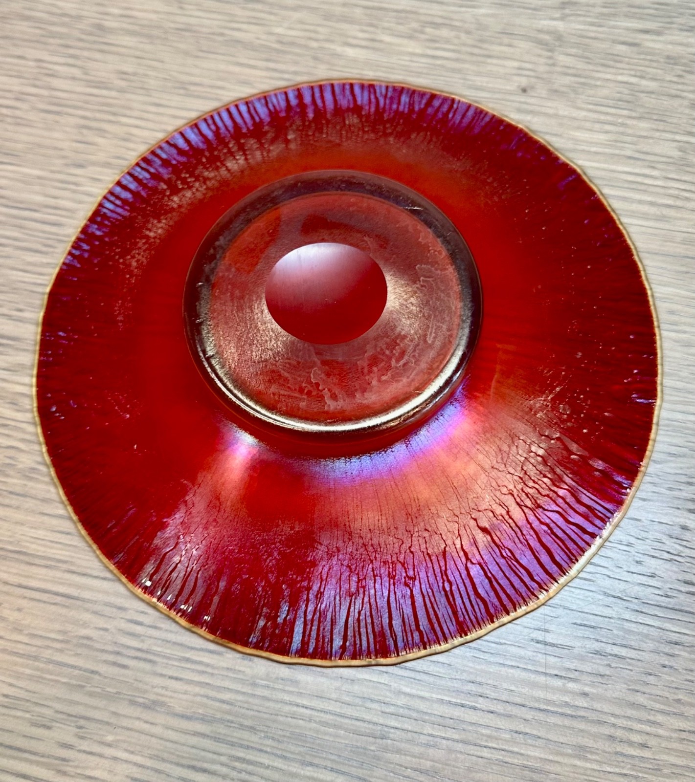 Poschinger VTG Ruby Red Stretch Glass Plate Iridescent Onionskin West Germany 8″