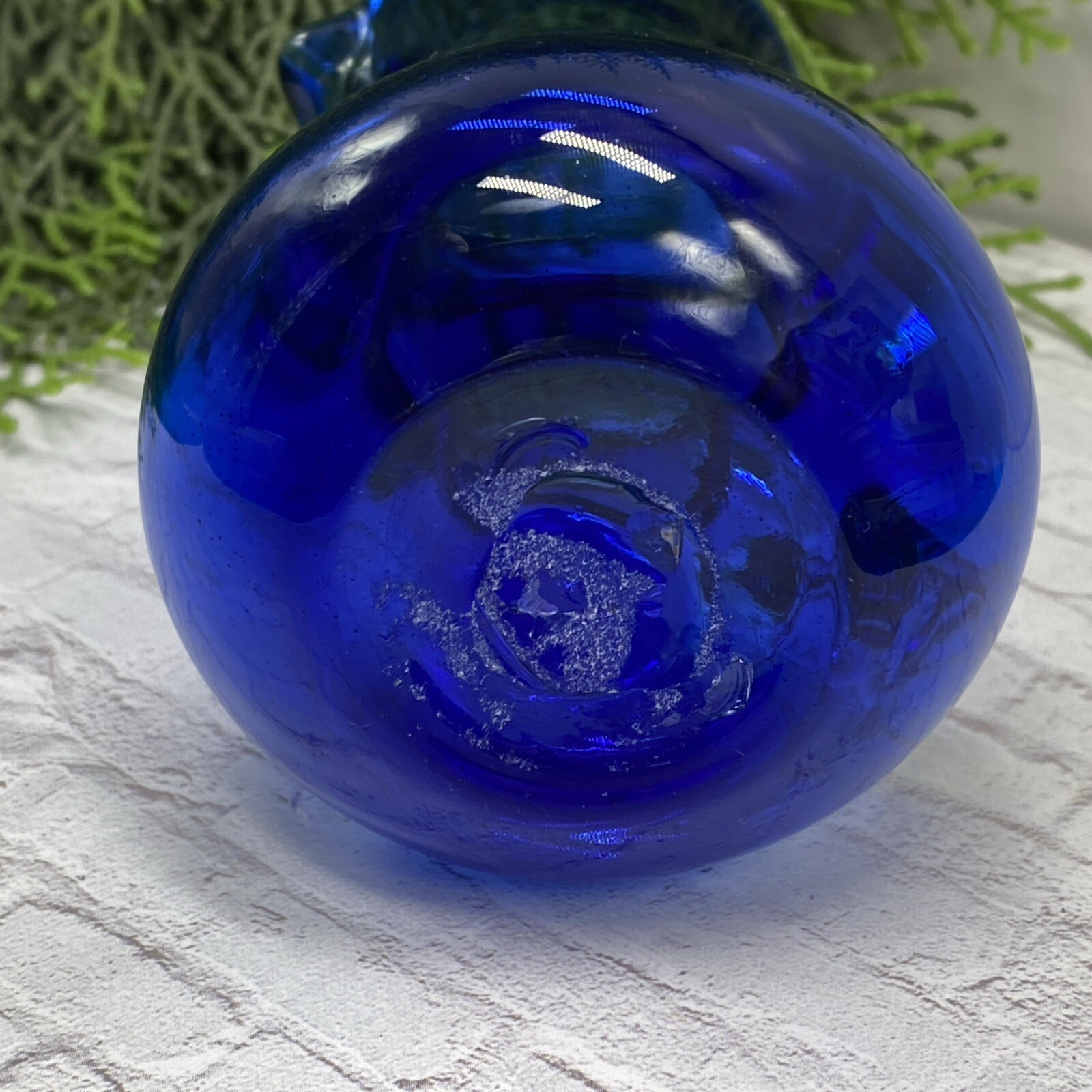 Vintage Cobalt Blue Glass Jug Bud Vase Hand Blown Applied Clear Handle~ 4 1/2 In