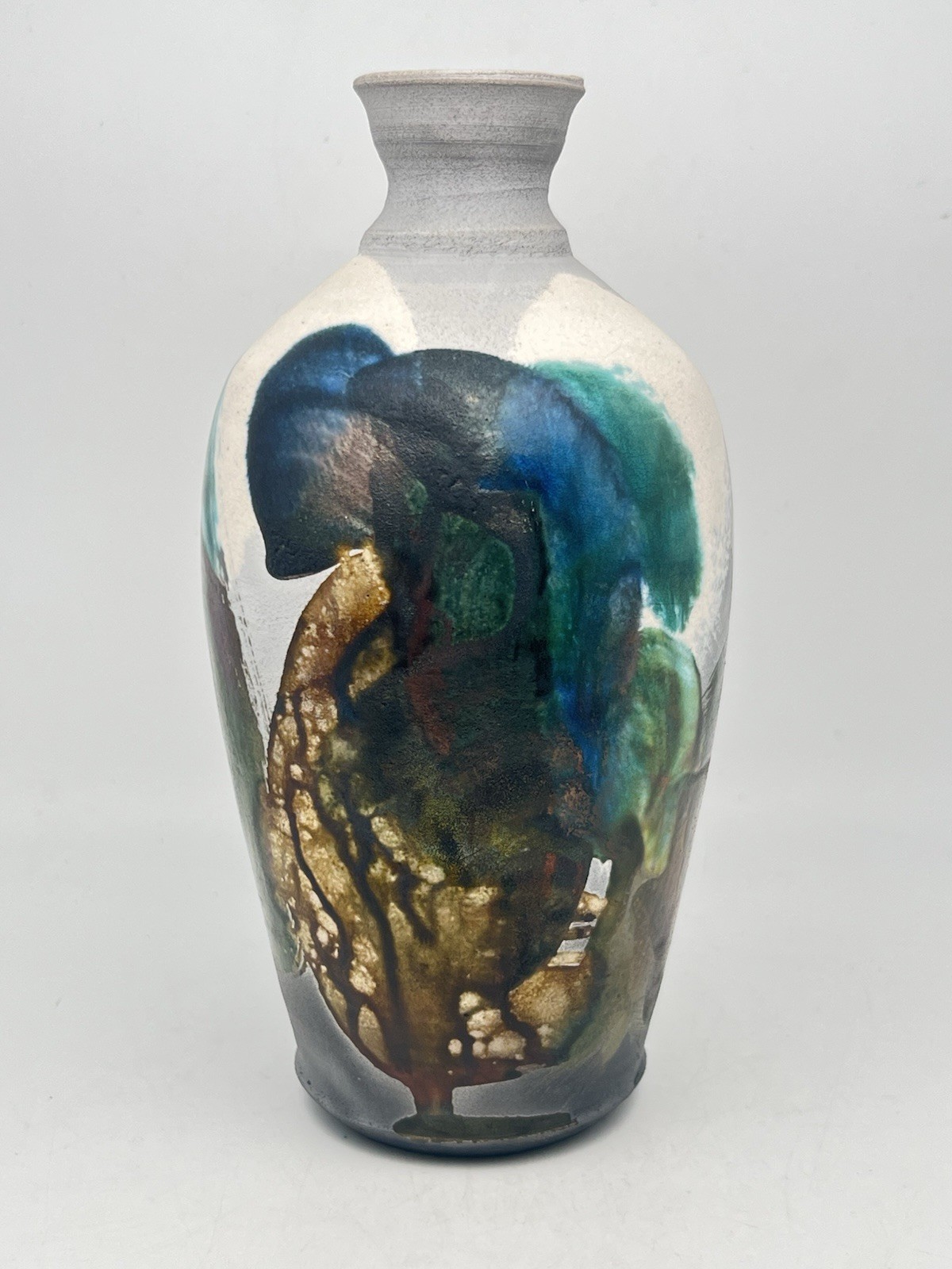 Raku Art Pottery Hand Made Vase 8.5” Tall Abstract Multi Colors