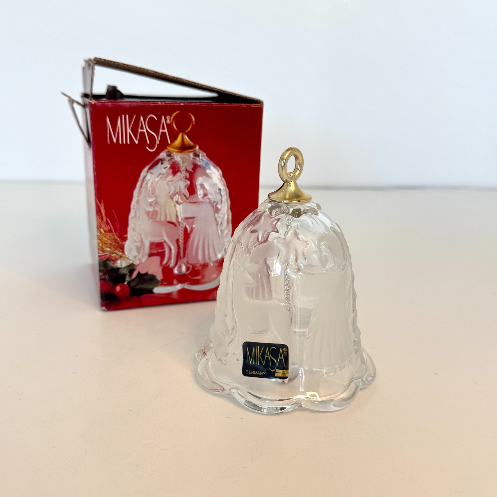 Mikasa Holiday Lights Glass Bell Ornament 4 1/4″ w box Angels Reindeer Germany