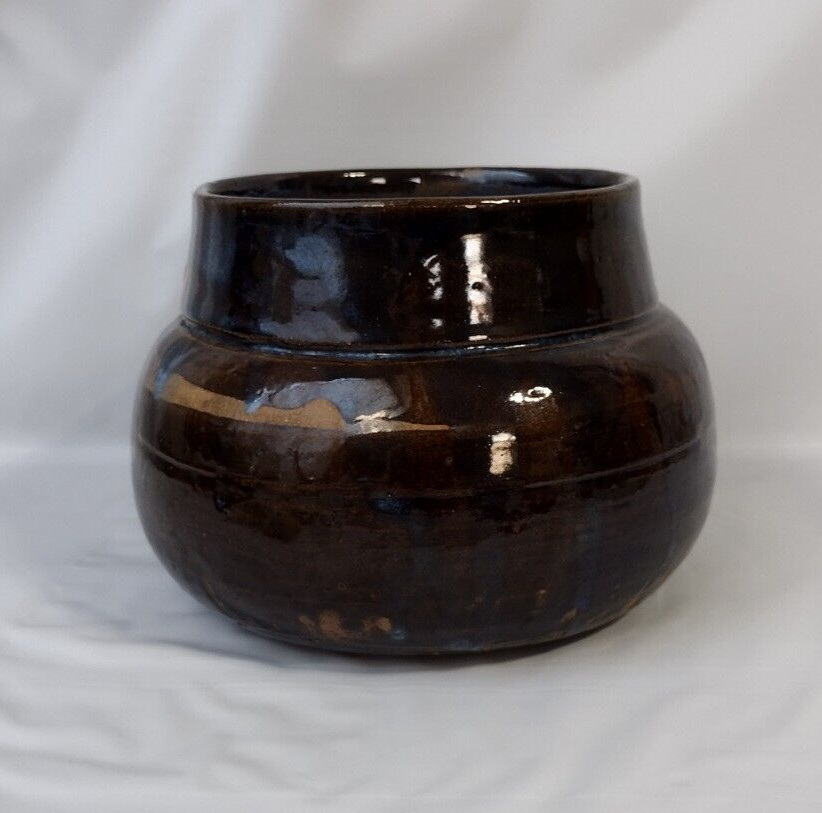 VTG Art Pottery Browns & Blue Drip Glaze Planter Pot Vase Signed Rathbone ’85