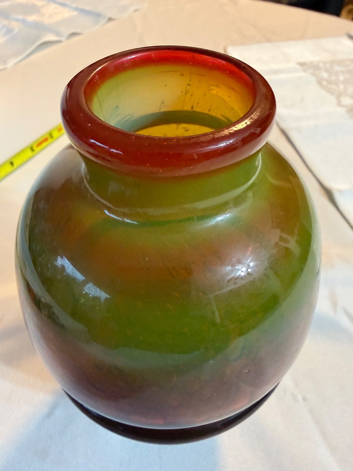 Vintage MCM Art Glass Vase Controlled Bubble Multi Color Tiered Ground Base 7″
