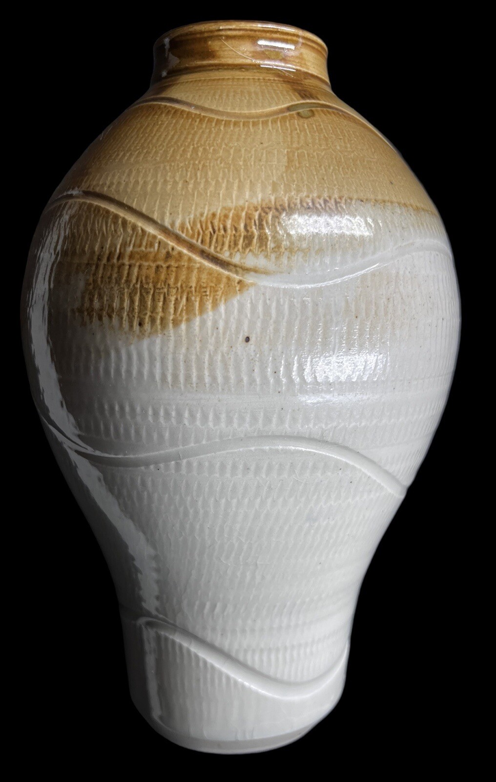 Vintage 1995 Studio Art Pottery Vase Caramel Brown & Cream Wavy Lines Signed 8”