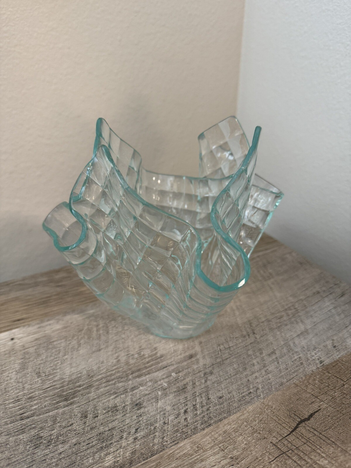 Handkerchief Vase Folded Clear Glass 5.75” Signed