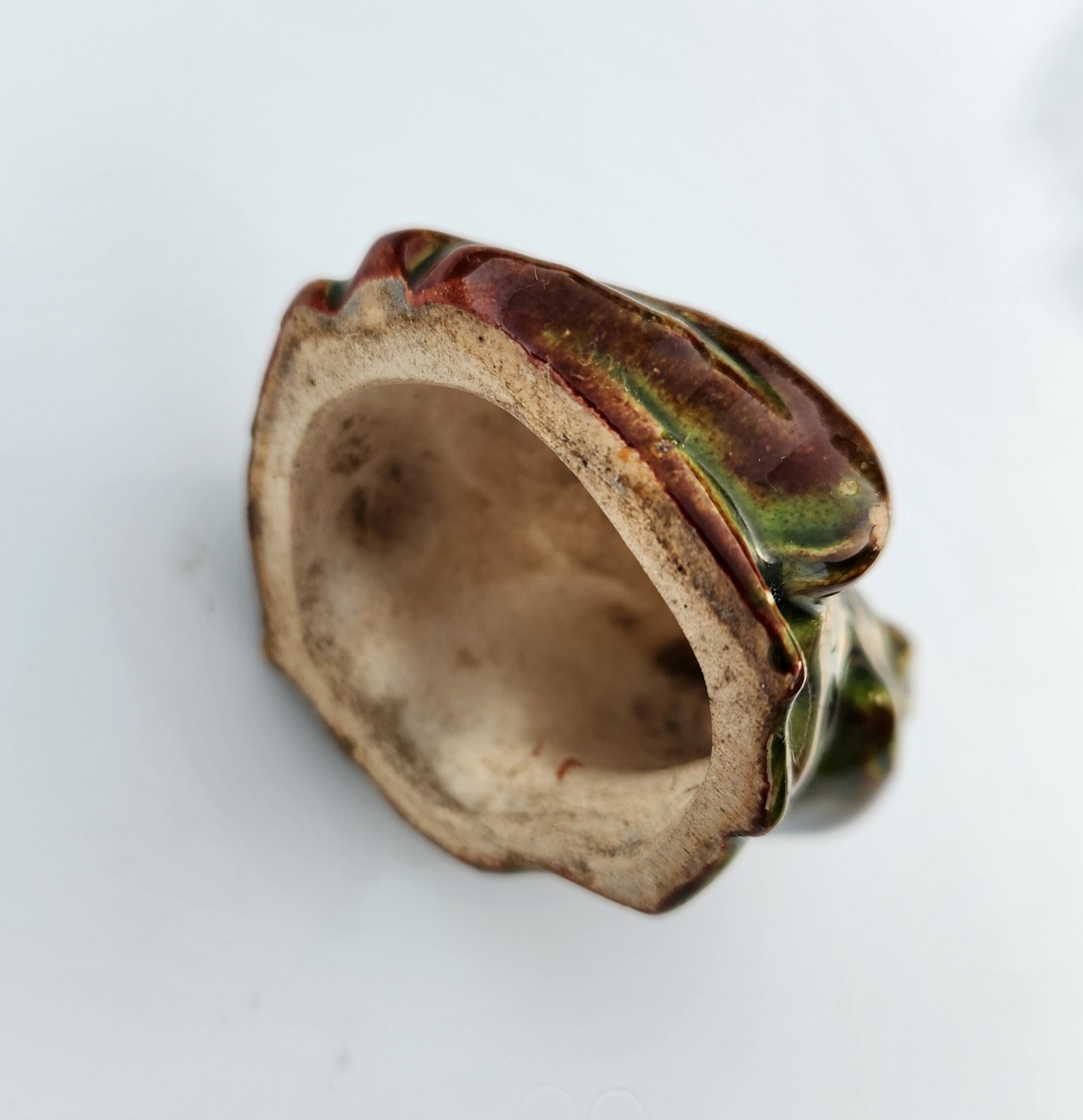 Vintage Pottery Frog Toad Brown & Green Drip Glazed White Clay Figurine