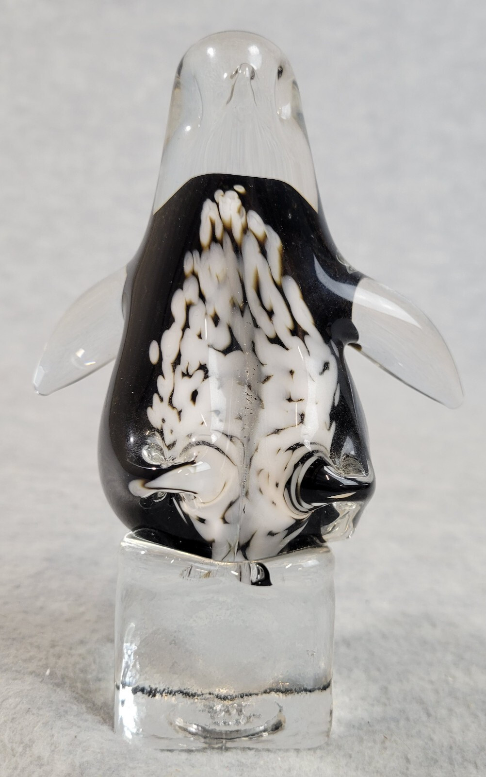 Joe Rice 2011 Penguin On Ice Cube Paperweight Art Glass 5 1/2″ Black/White/Clear