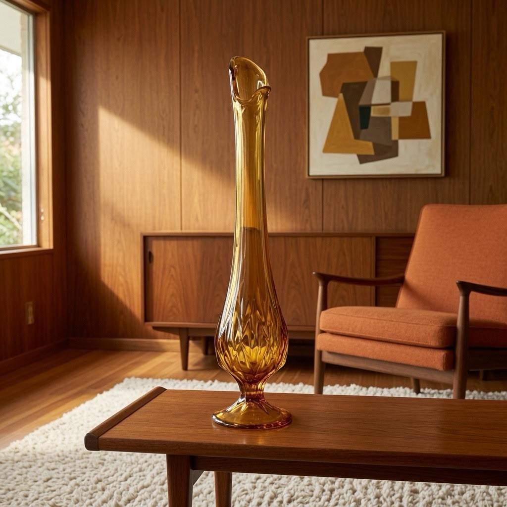 Viking Hand Made Amber Swung Glass Vase Mid Century Modern 20” Tall