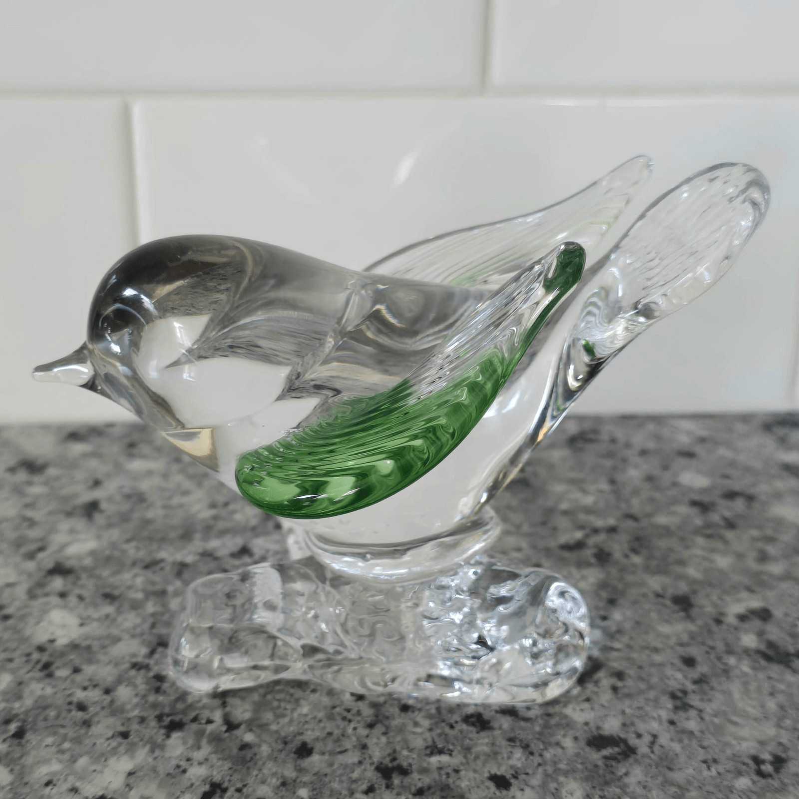 Arte Murano ICET Hand Blown Clear With Green Bird On Branch Figurine Venezuela