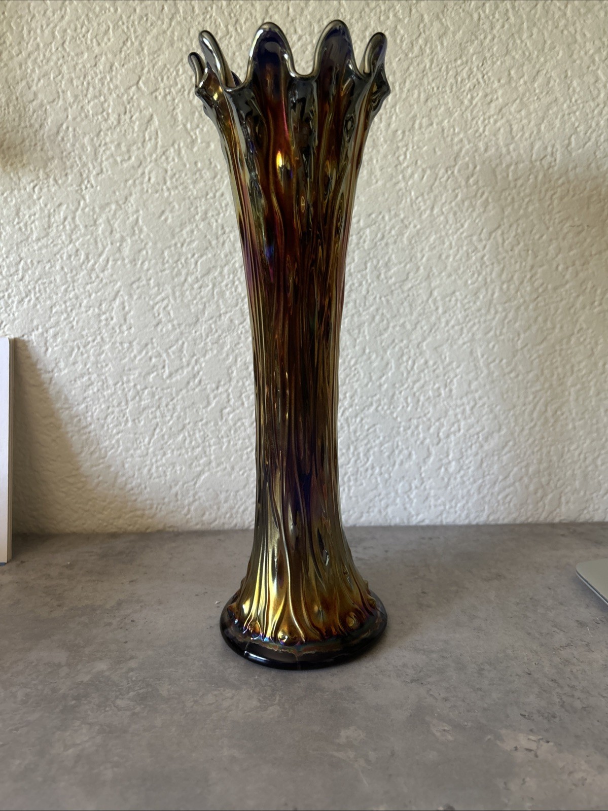 Vintage Northwood Tree Trunk Cobalt Blue Carnival Glass Swung Vase 11”