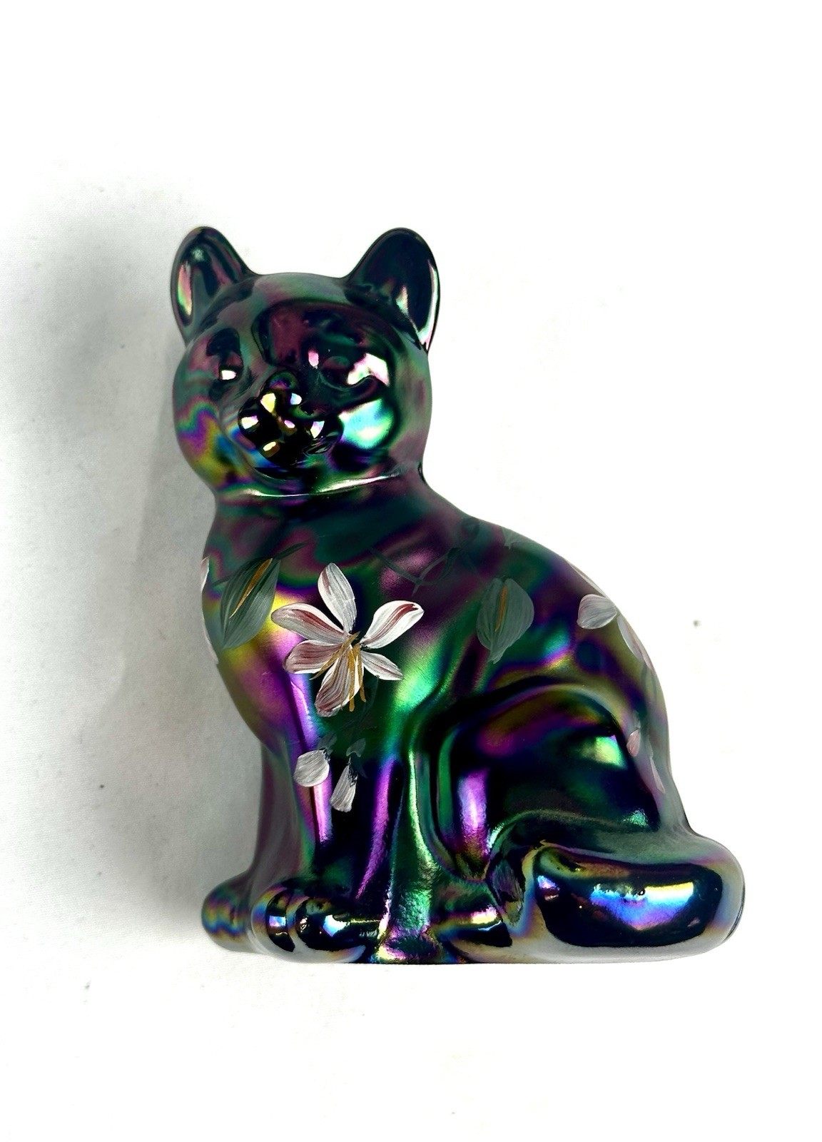 Fenton Purple Blue Iridescent Carnival Glass Cat Figure Hand Painted Flower 3.5″