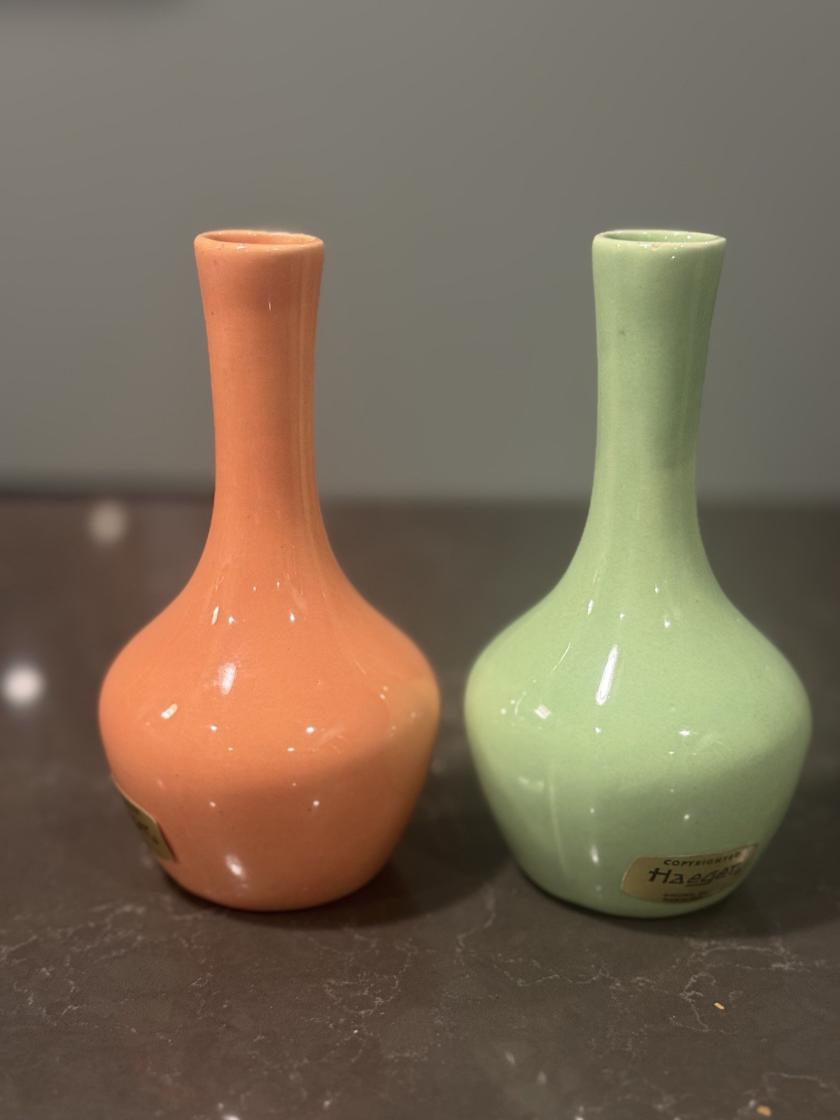 Vintage HAEGER “GARDEN HOUSE” USA 5” Bud Vases Green And Orange w/sticker