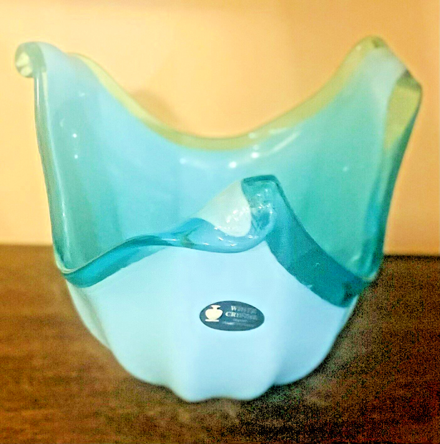 Art Glass Bowl Vase L10″ Centerpiece Teal Turquoise White Cristal Handblown READ