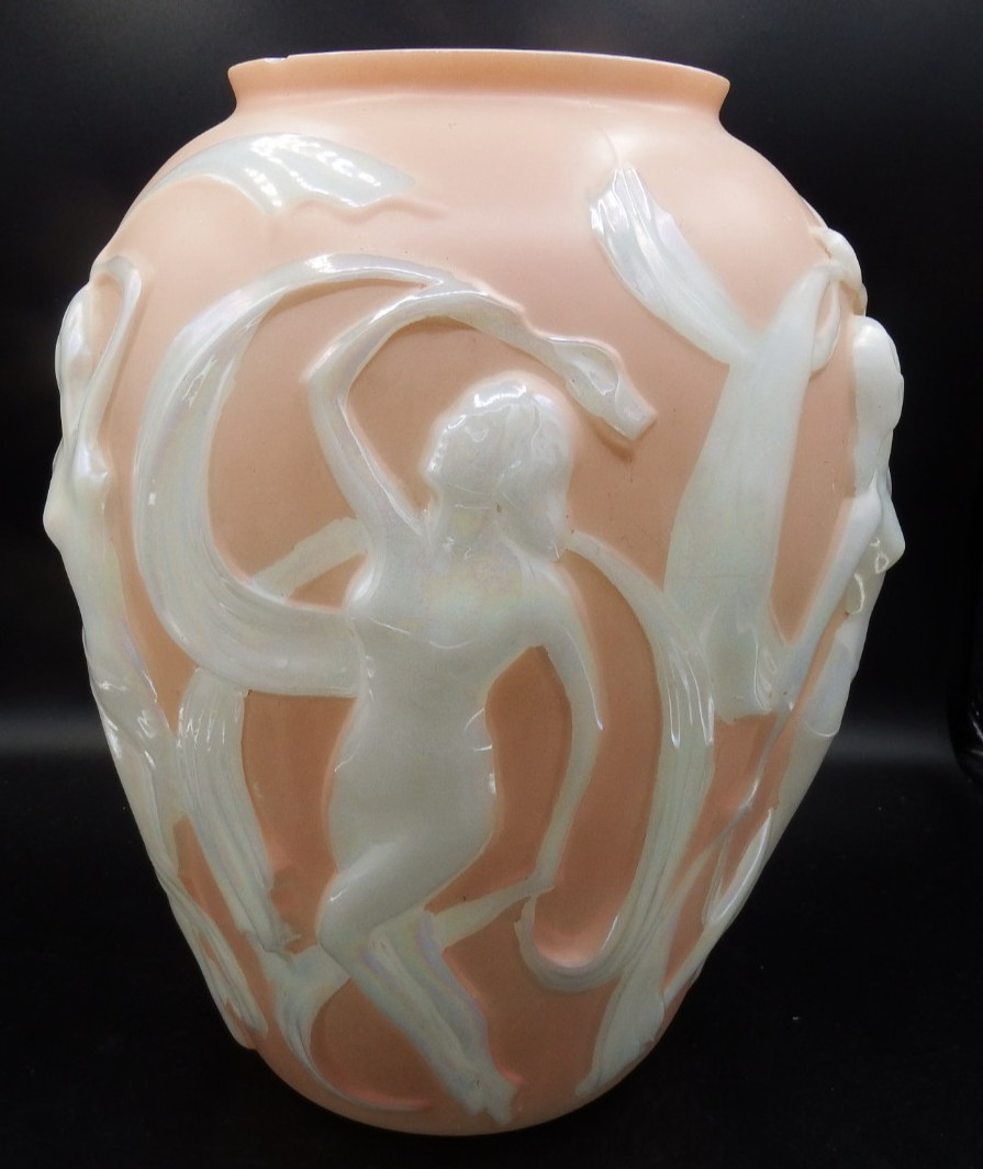 VTG Phoenix Glass Sculptured Artware Dancing Nudes 11 1/2″ Vase c. 1930