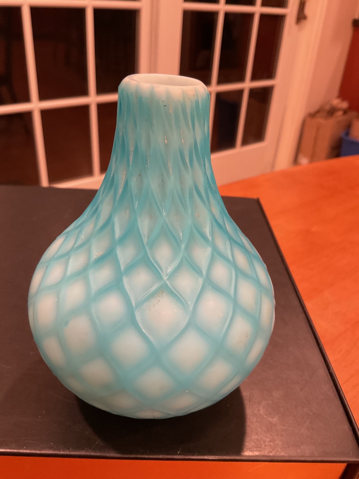 Antique blue Diamond Quilted Opalescent Satin Art Glass Vase 4.5” high