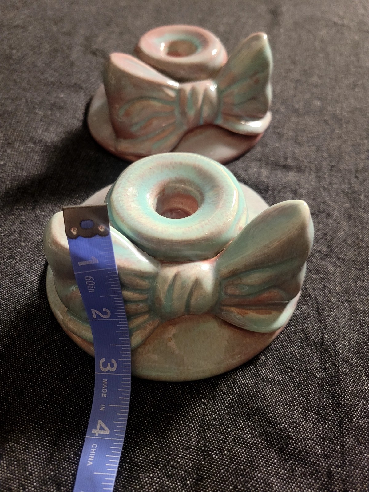 Vintage Cottage Pottery #454 Pair Of Bow Candle Holders Candlestick Blue Pink