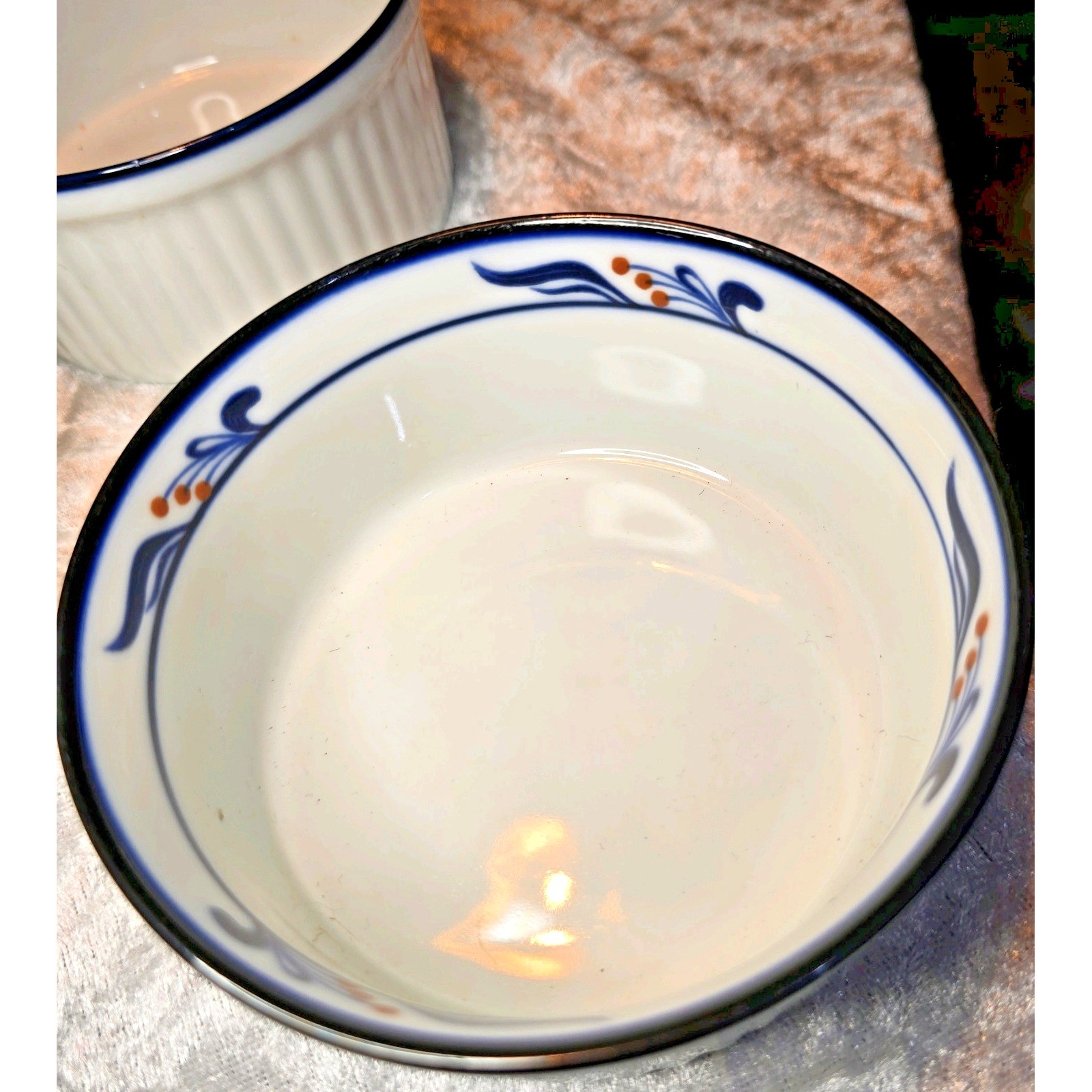 1982 Dansk Bistro Open Custard 4-1/4″ in diameter with & Blue trim