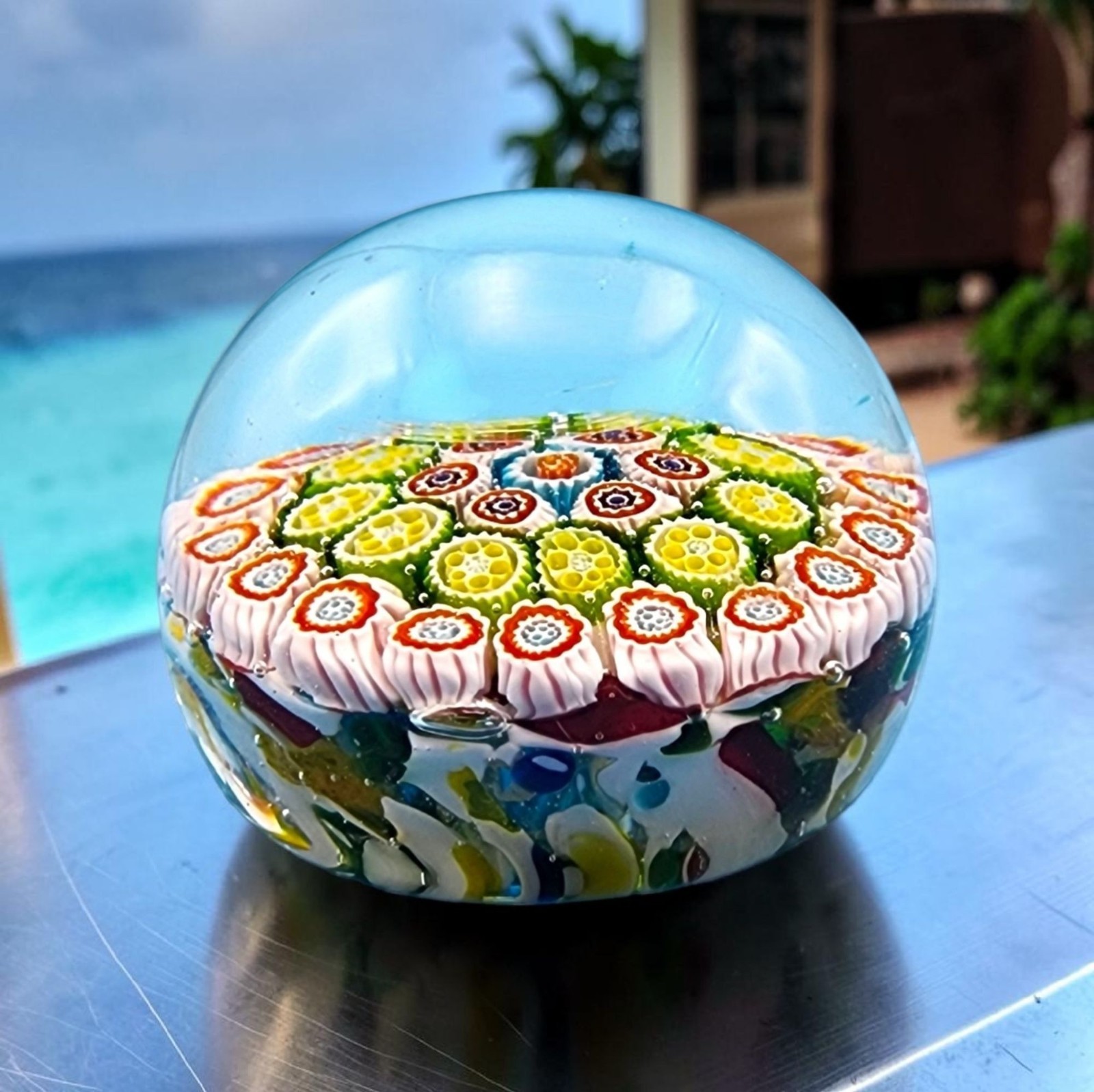 Vintage Millefiori Star Flowers Art Glass Paperweight Murano ? Polished Bottom C
