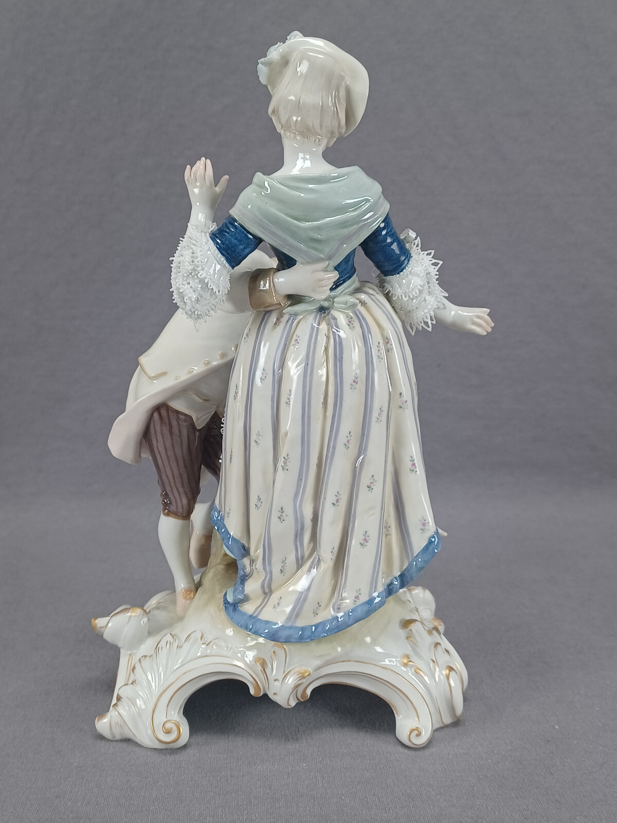 Antique KPM Berlin Hand Painted Couple Porcelain Figurine Group With Cat