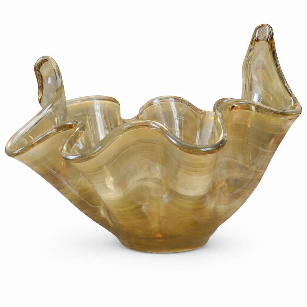 Large Murano Style Art Glass Bowl Amber Swirl Ruffled Rim 13” W 9” H 5.6 lb