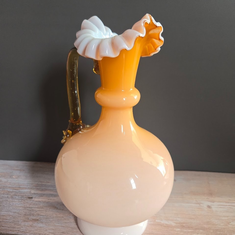 Vintage Art Glass Ewer Peach Amber Glass Ruffled Rim Applied Handle Pitcher