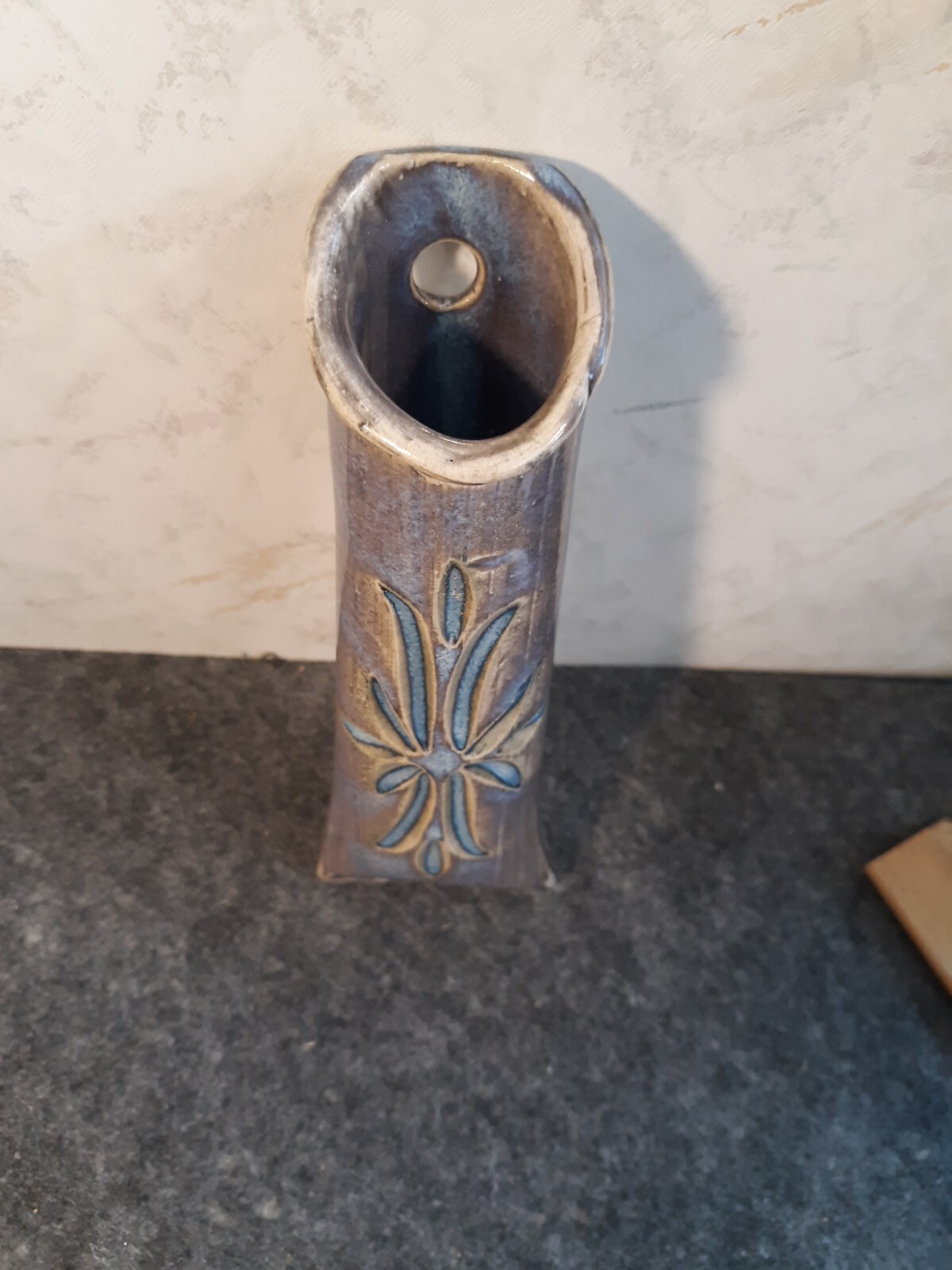 Purple Blue Unity Pond Pottery Wall Pocket Etched Design