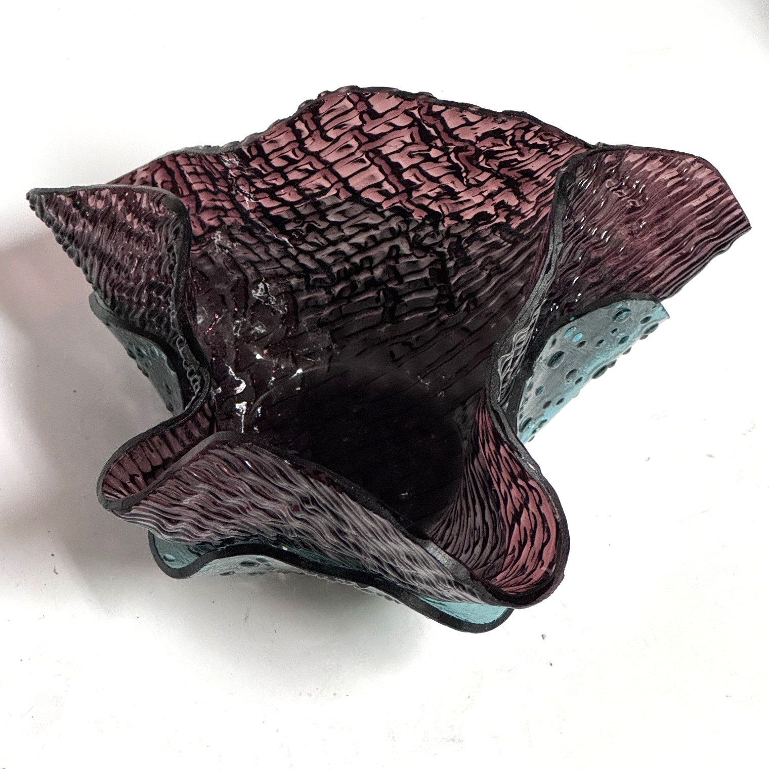 Purple Blue Fused Handmade Art Glass Woven Handkerchief Ruffle Vase Candleholder