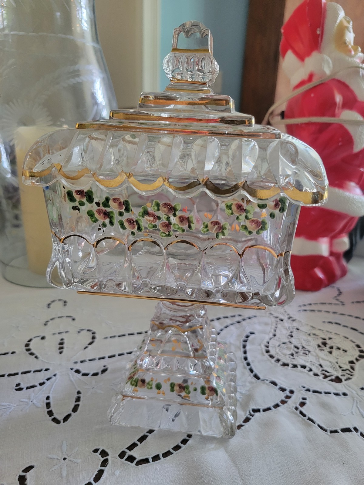 VTG Pair Jeanette Glass Pedestal Candy Dish Wedding Box Gold Trim Floral