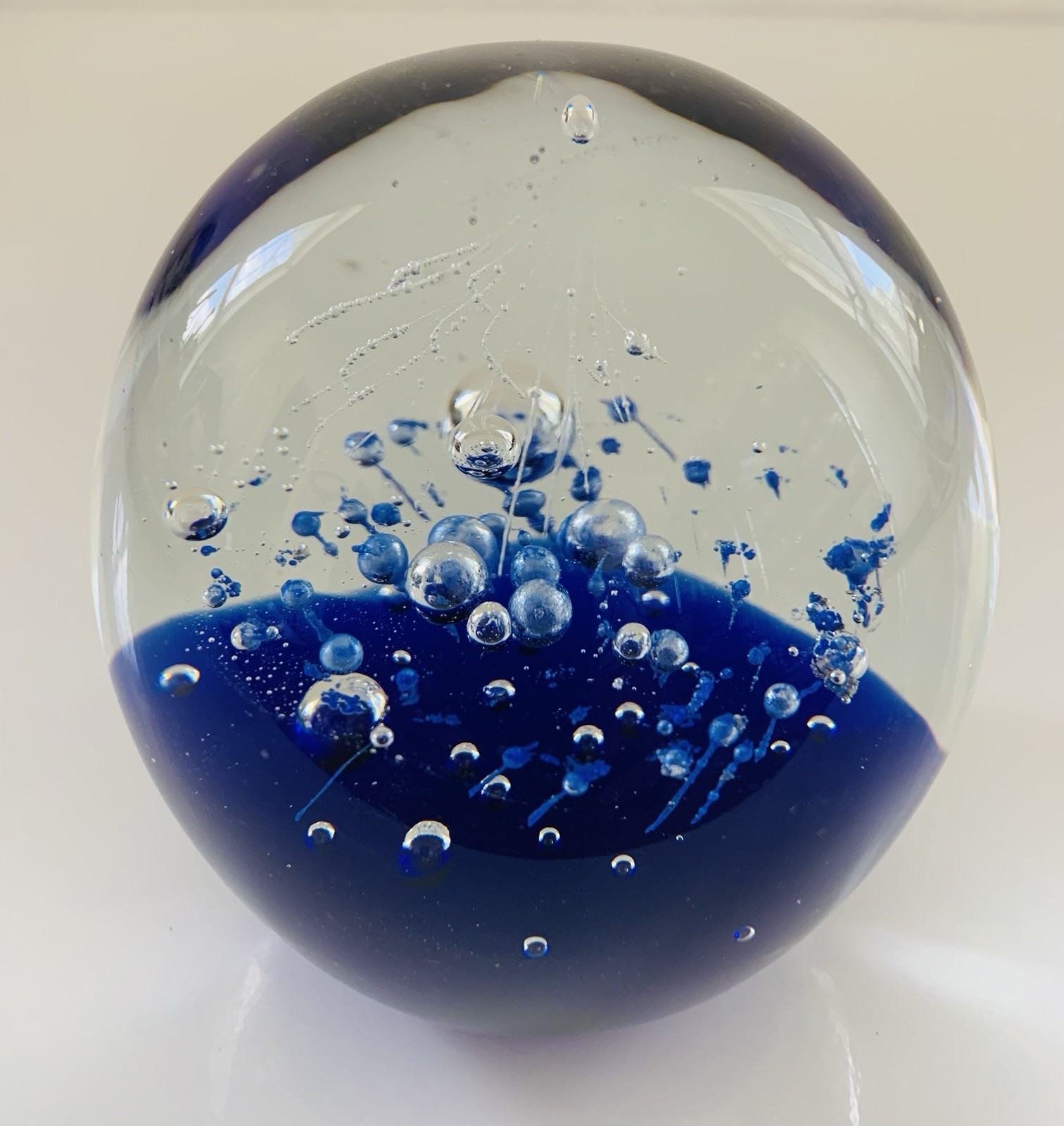 Vtg Art Glass Hand Blown Paperweight Cobalt Blue Controlled Bubbles/Fireworks