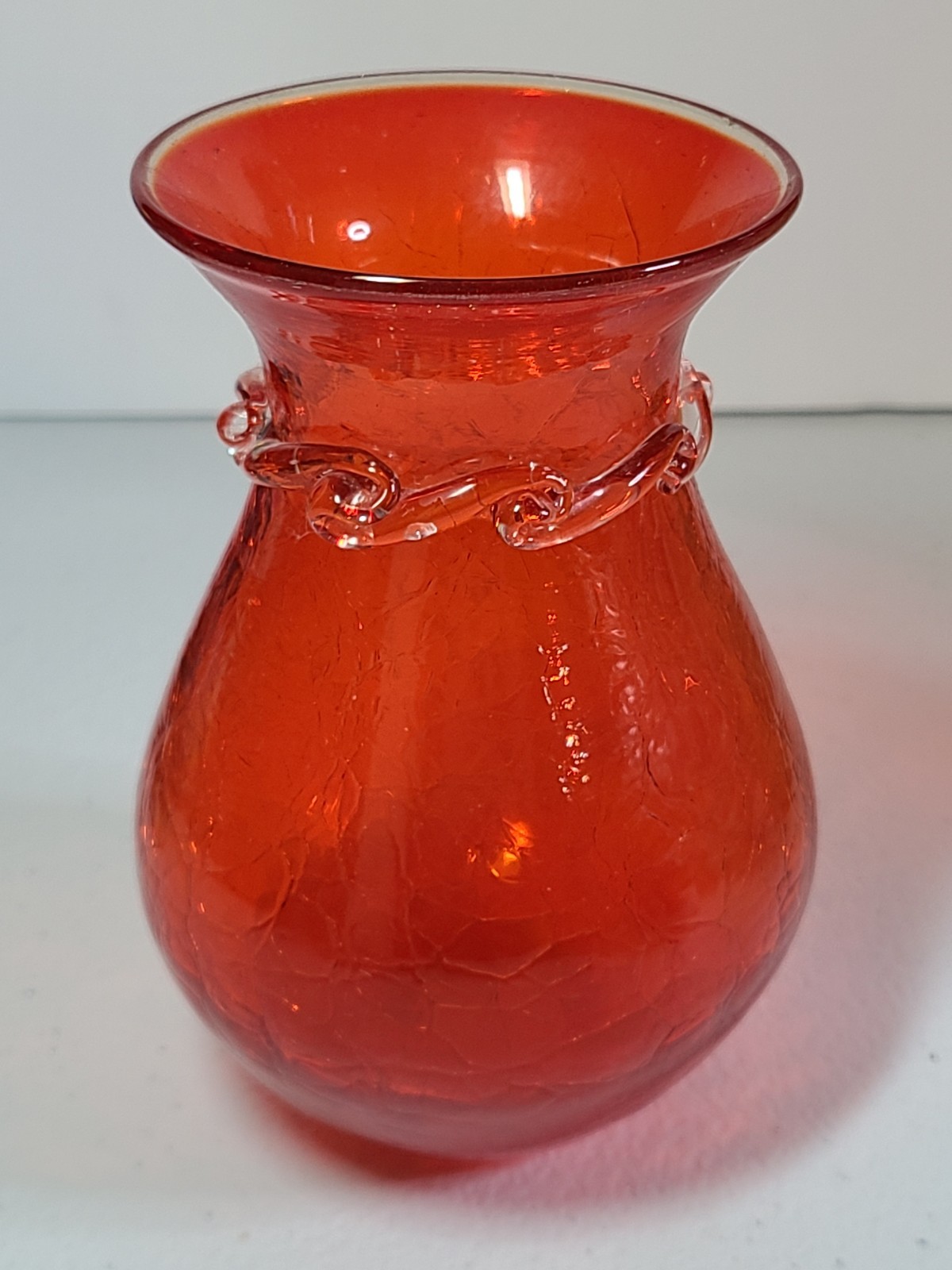Orange Crackle Glass Vase with Clear Applied Scroll 5.5 in Hand Blown Vintage
