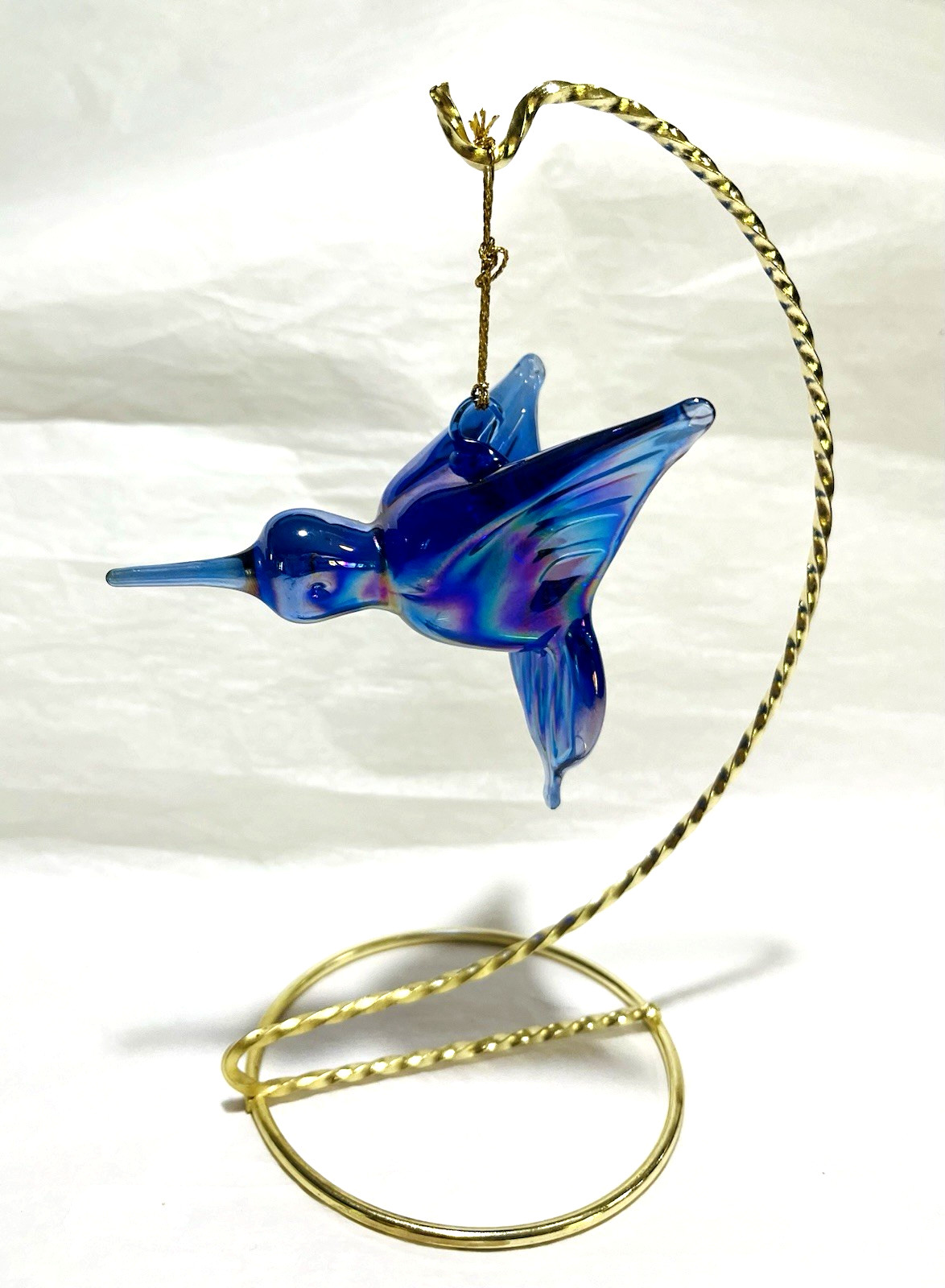 Vintage Hand Blown Glass Iridescent Blue Purple Humming Bird Ornament Display
