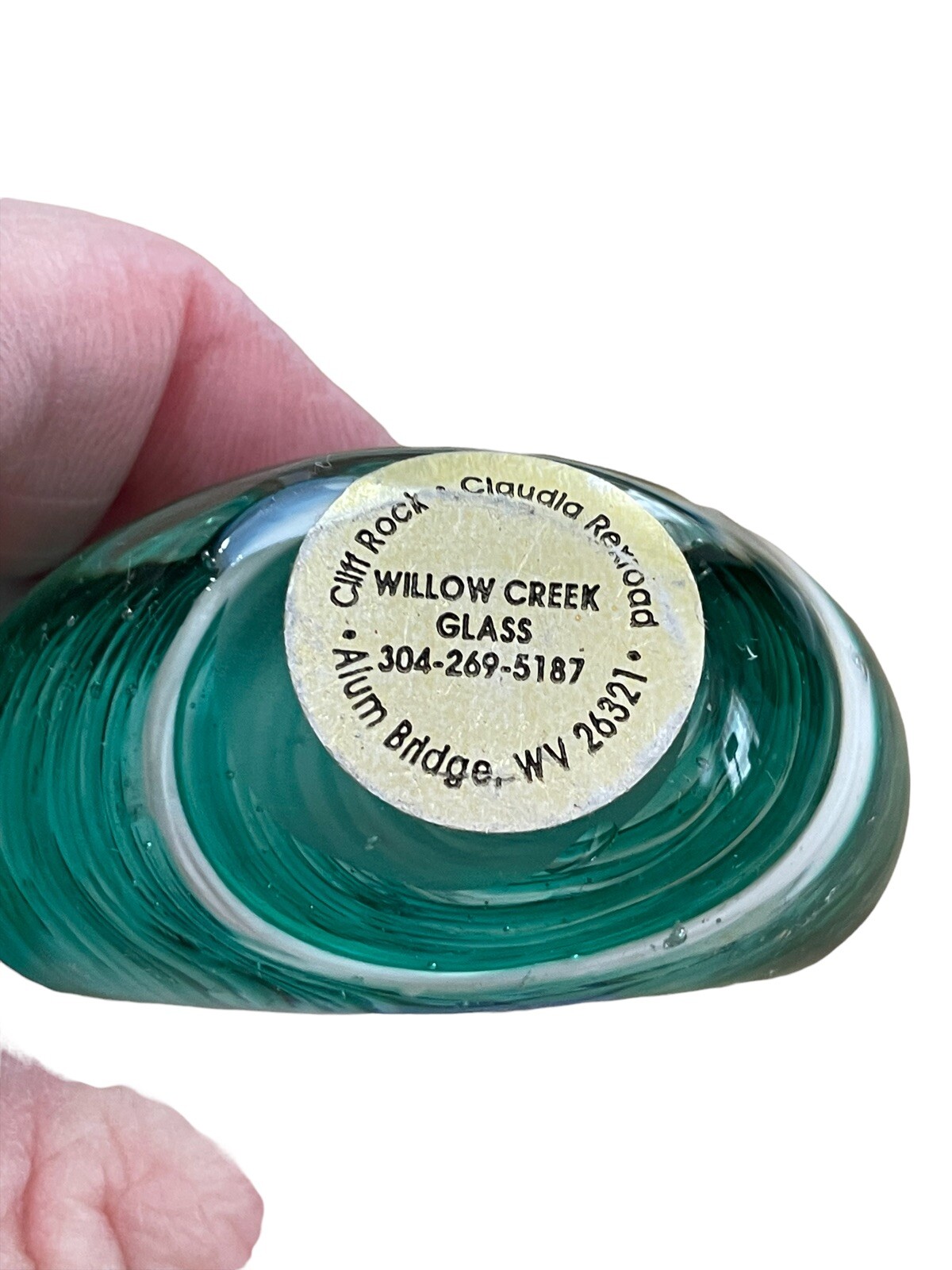 Willow Tree Glass Paperweight Cliff Rock Murano Style Glass Green&White Abstract