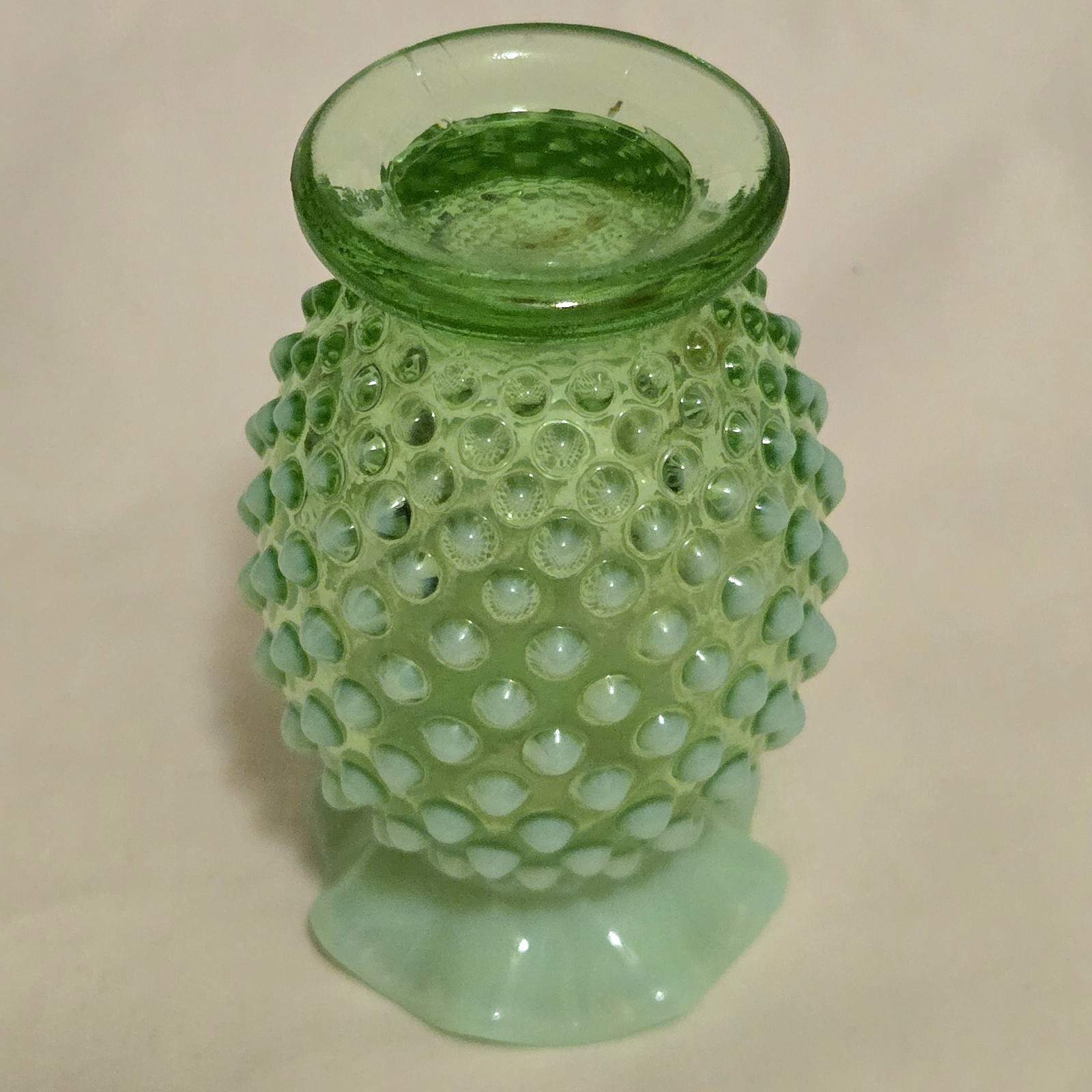 Art Glass Hobnail Vaseline Uranium Flower Bud Vase Opalescent Topaz Fenton Vtg