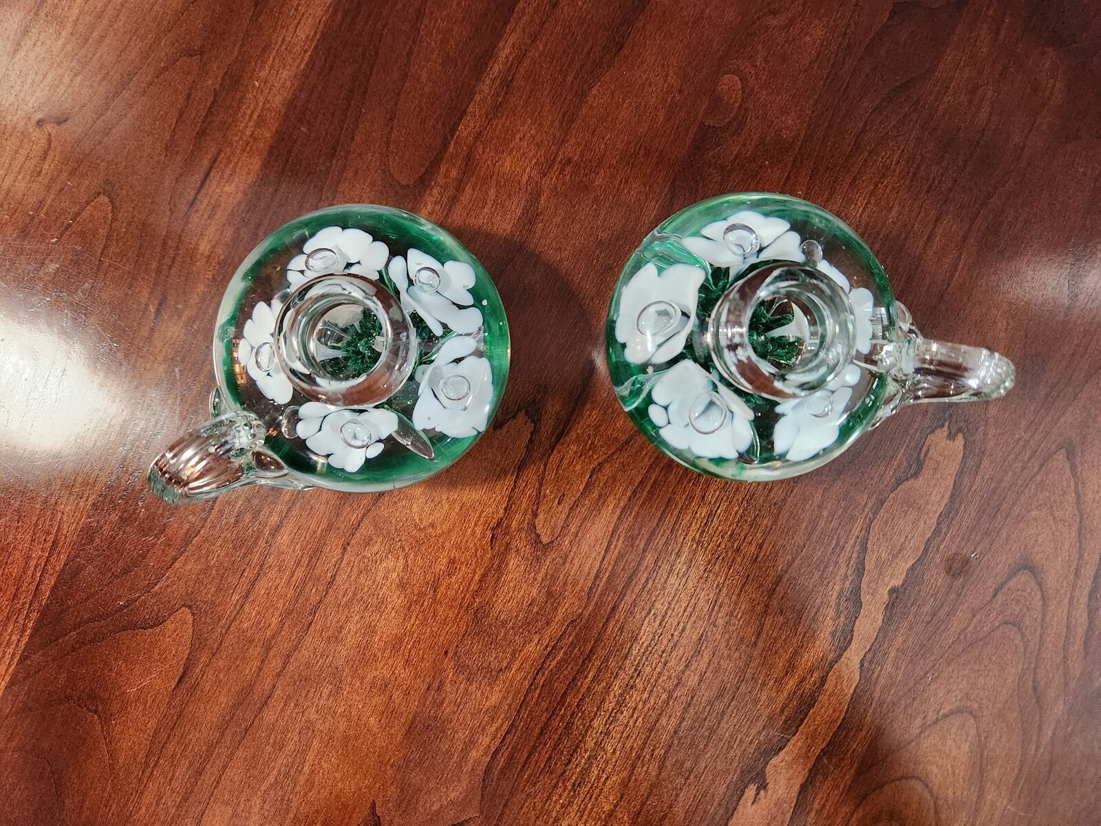 Candlestick Holder Pair Green and White Flower Paperweight