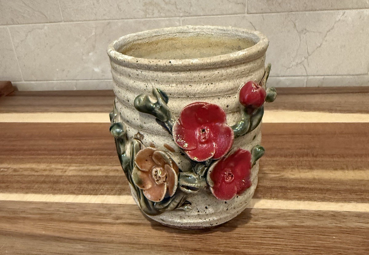 Studio Art Pottery -3D Floral Vase Applied Flowers