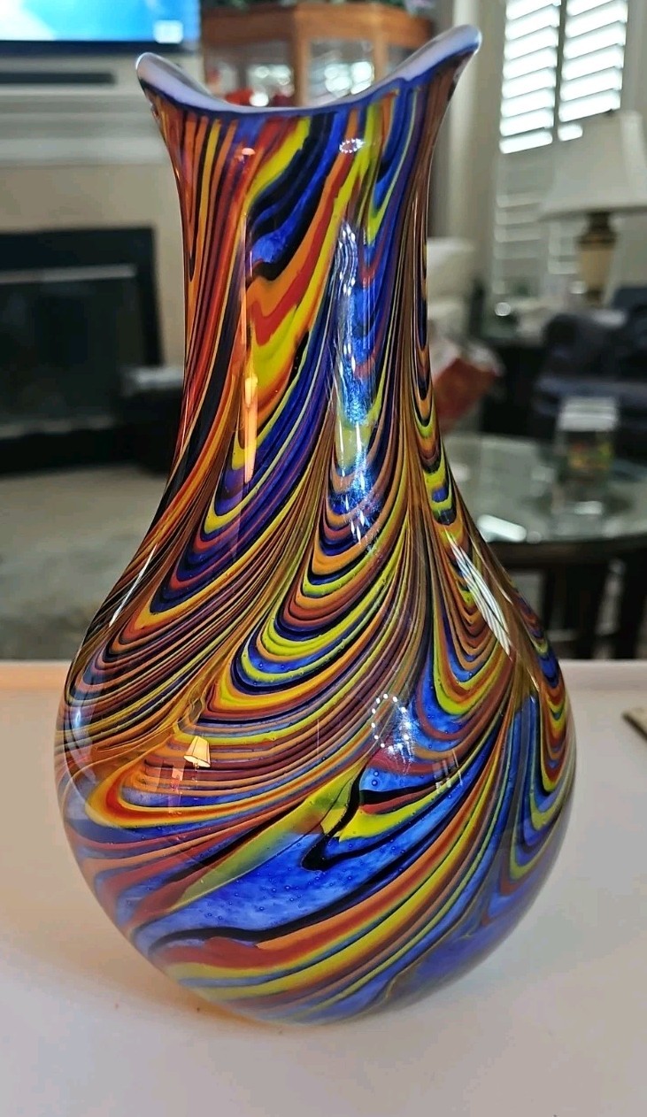 Vtg MCM Murano Multicolor Pulled Feather Cased Art Glass Vase Italy 9.75” 4 Lbs