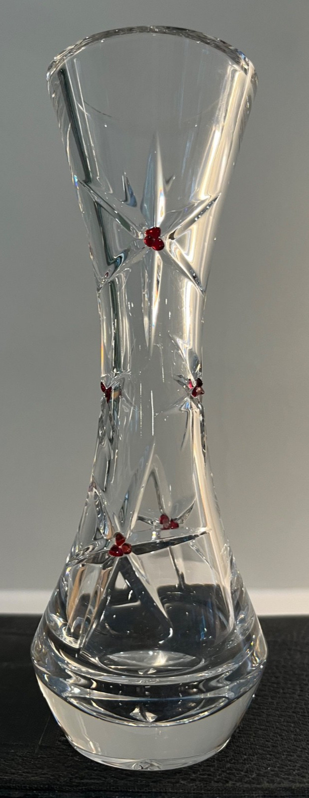 Vintage RÜCKL Bohemia Clear Crystal 6″ Star Vase w Ruby Red Stained Accents