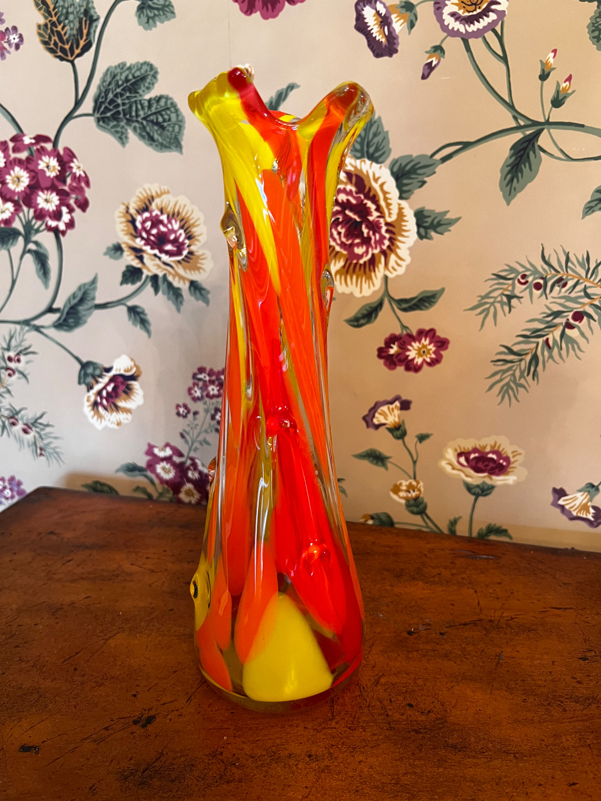 Vintage 1970’s Tall Murano Glass Orange And Yellow Swung Vase